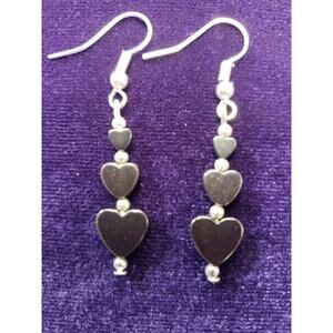 Heart Shaped Hematite and Silver Colored Dangle Earrings Graduating Sizes